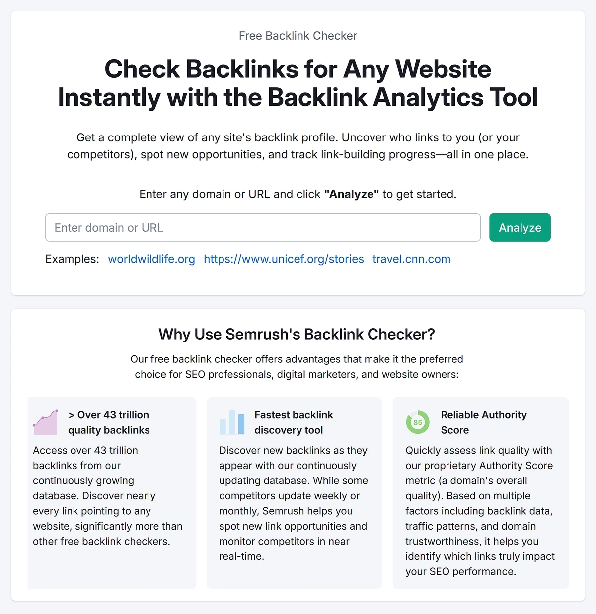 Semrush backlink analytics homepage