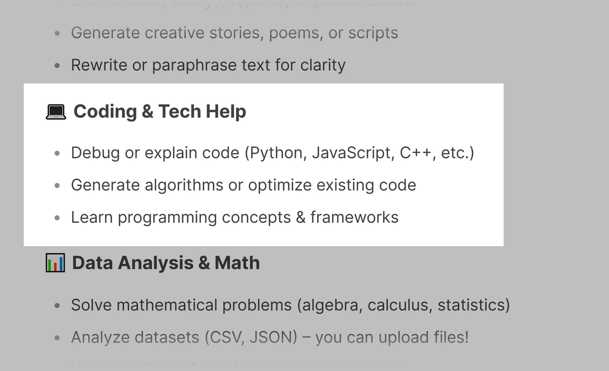 Part of a DeepSeek response explaining its coding assistance capabilities