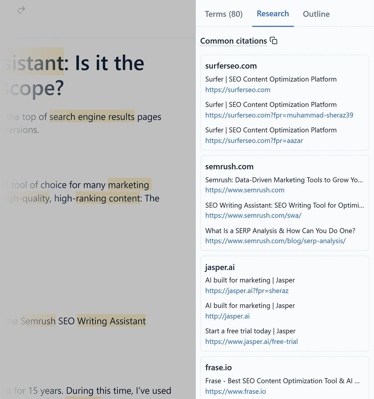 Clearscope provides common citations to use as part of your content research