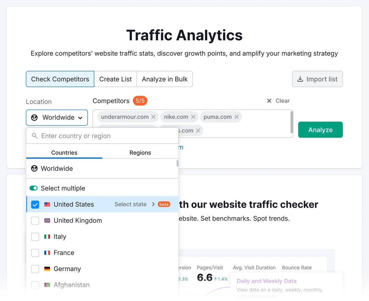 Select your target country or region in Semrush Traffic Analytics