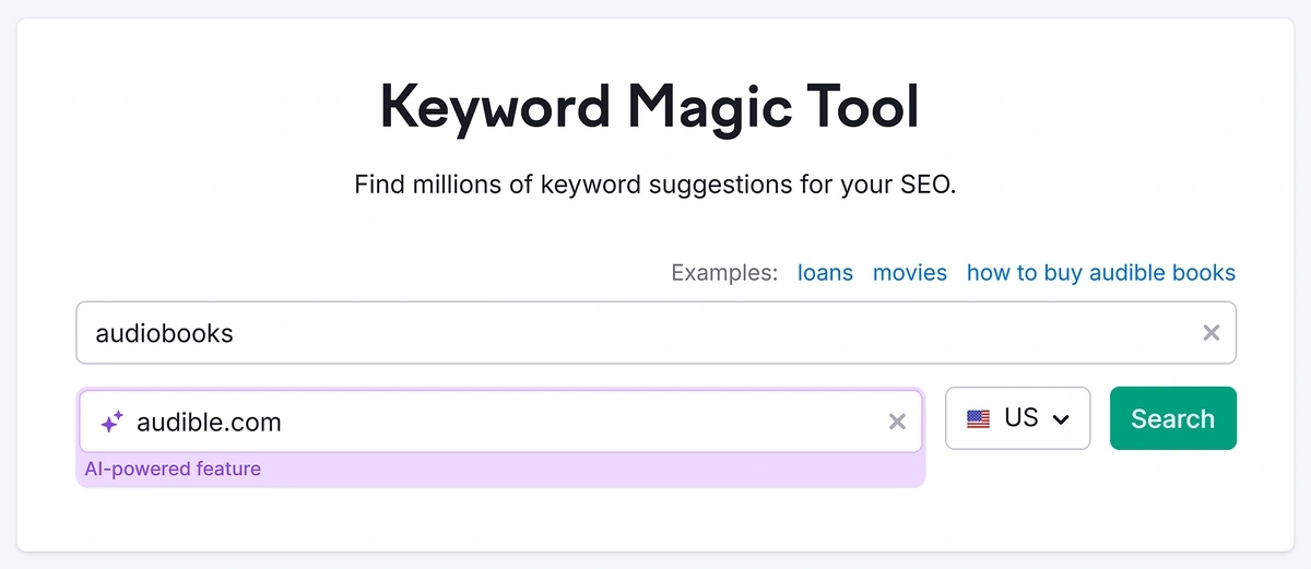 Searching for a domain in Semrush Keyword Magic Tool