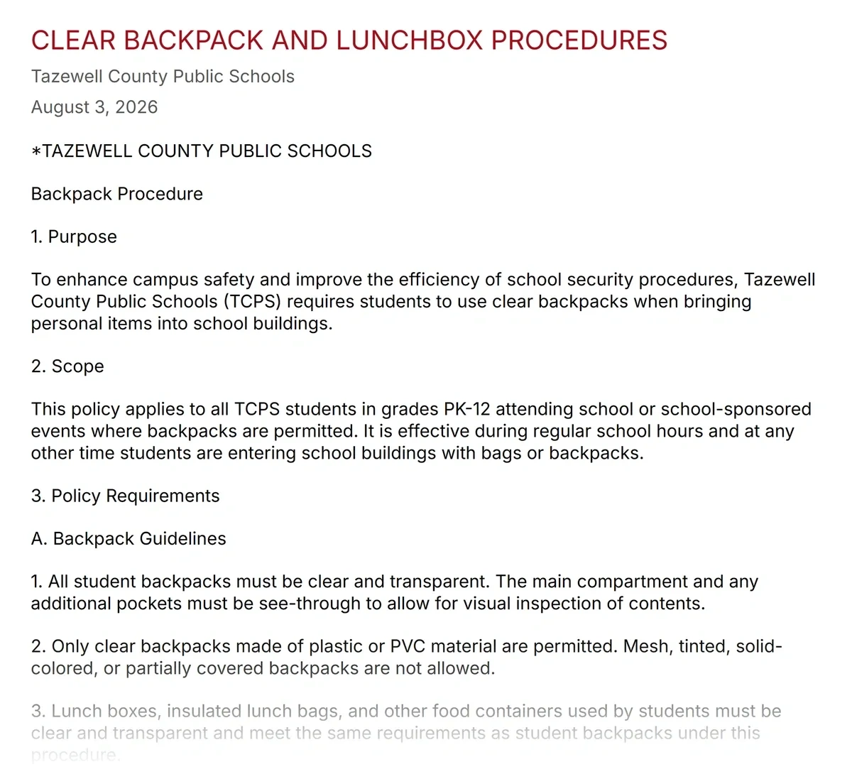 Clear backpack policy coming into force in Tazewell County schools