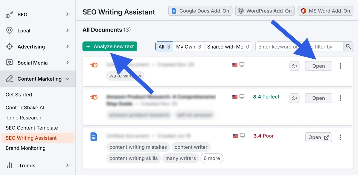 Analyzing a new article in SEO Writing Assistant