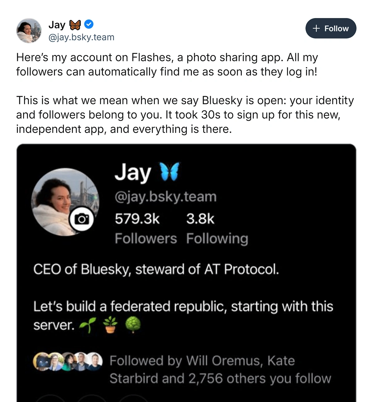 A post from Bluesky CEO Jay Graber promoting her new Flashes account