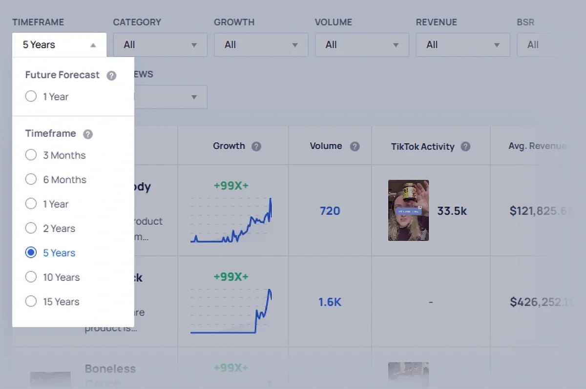 Exploding Topics trending products filtered a timeframe of 10 years