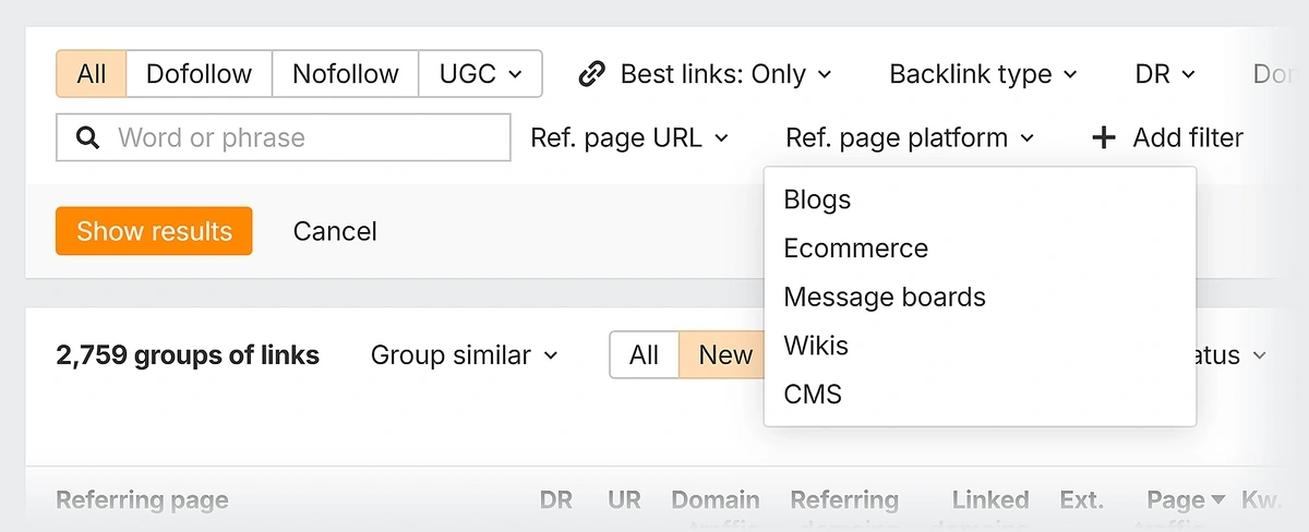  ahrefs backlinks platform filter