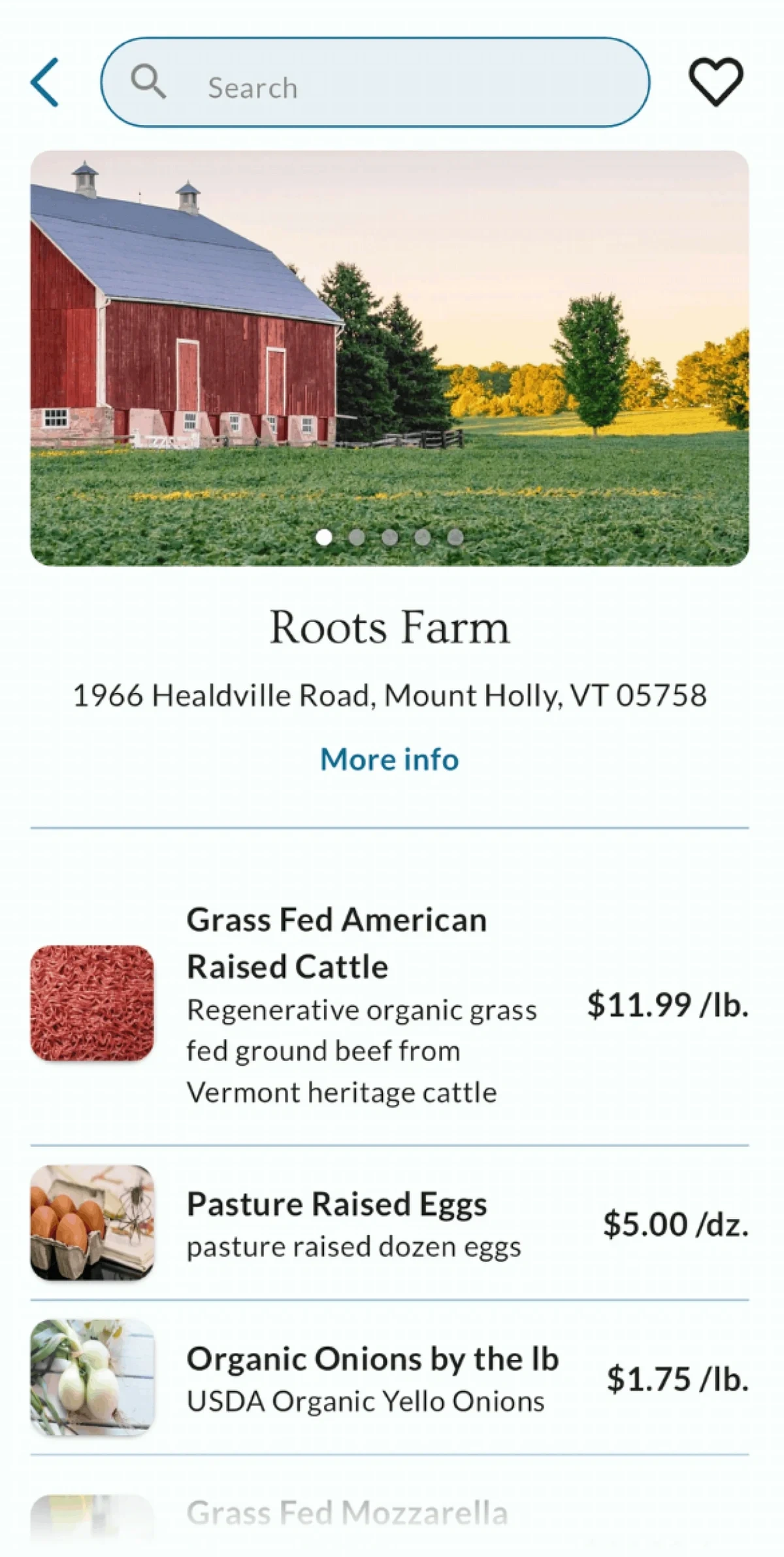 The Red Hen app farm listing shows a photo of a farm, an address, and available products.
