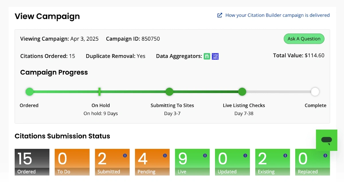 brightlocal citation campaign dashboard