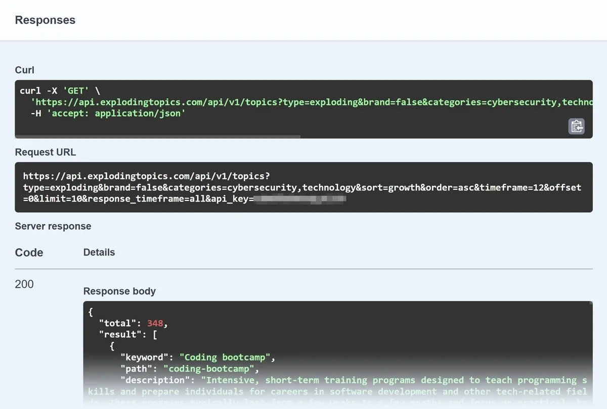 Exploding Topics API request URL in Swagger