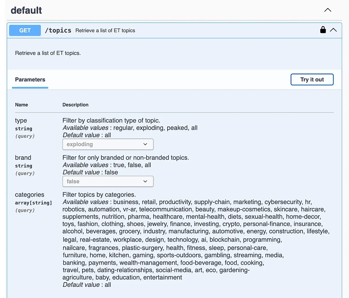 Exploding Topics API end point parameters for topic retrieval