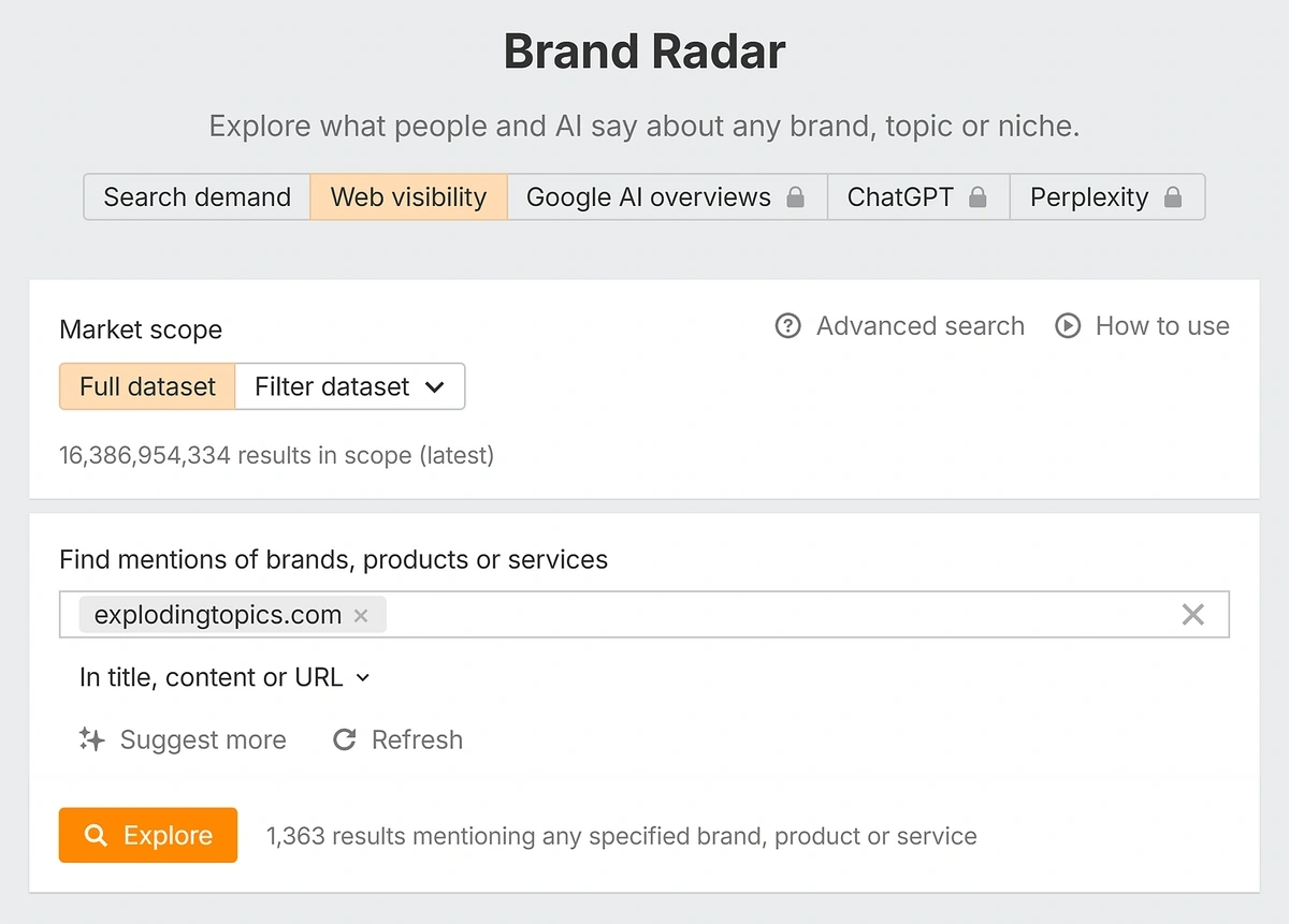 Ahrefs Brand Radar tool