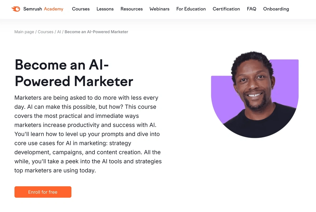 Semrush AI Powered Marketer course homepage