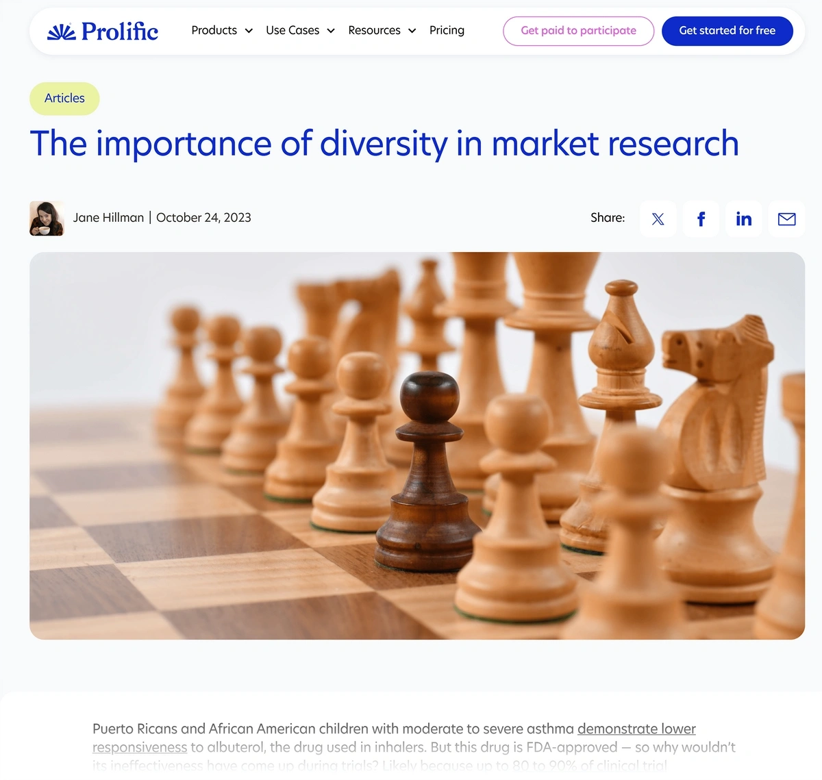 Screenshot of a blog post on the importance of diversity in market research. Image shows one black pawn among white pieces