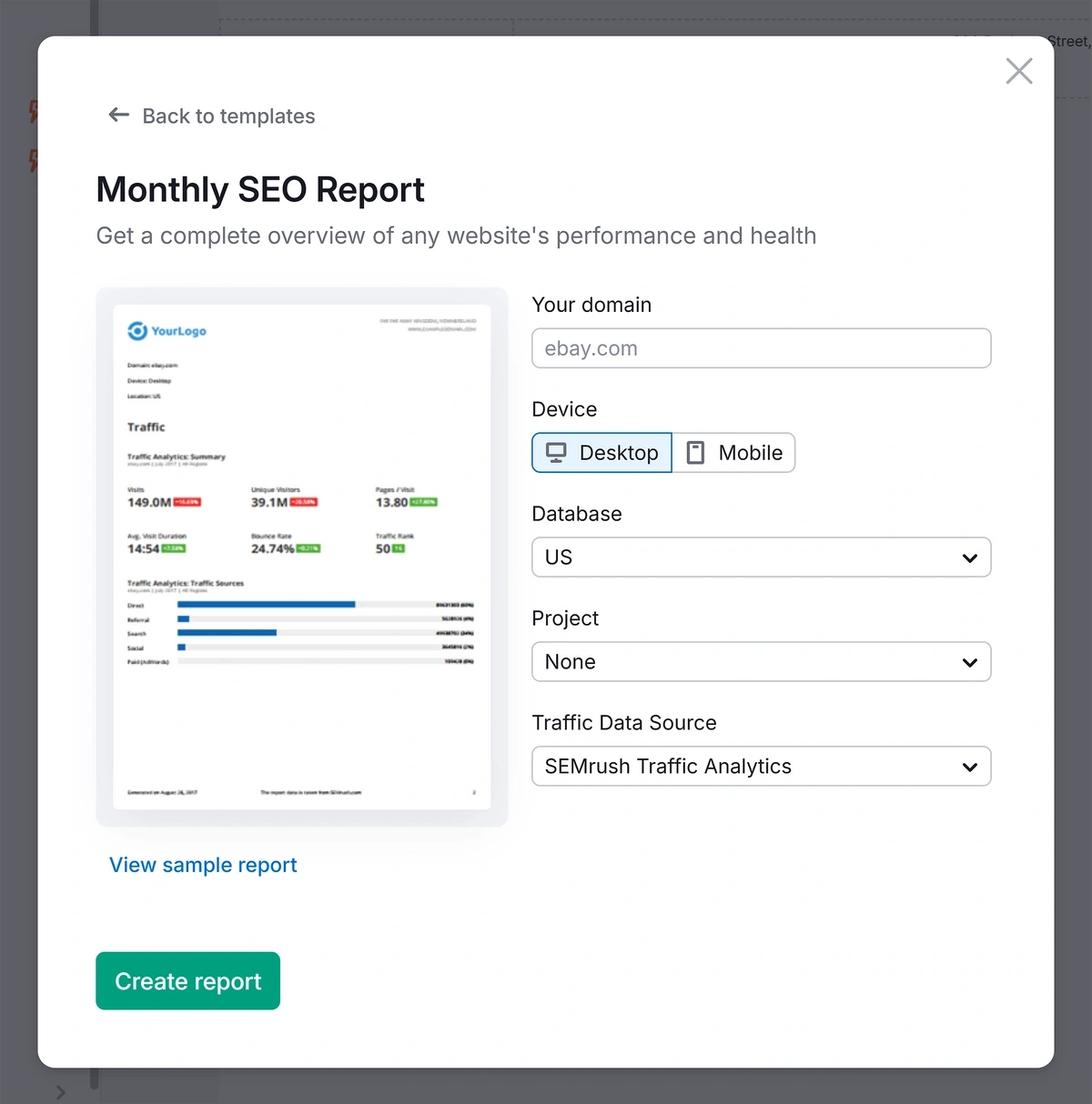 An example Monthly SEO report as displayed in Semrush