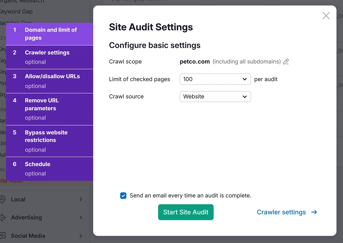 Starting a new Site Audit in Semrush
