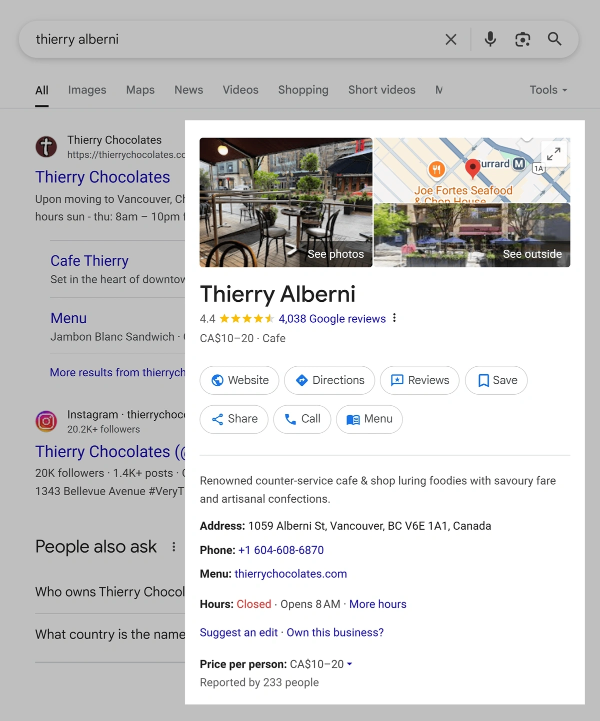 Information pulled from Google Business Profile on SERPs