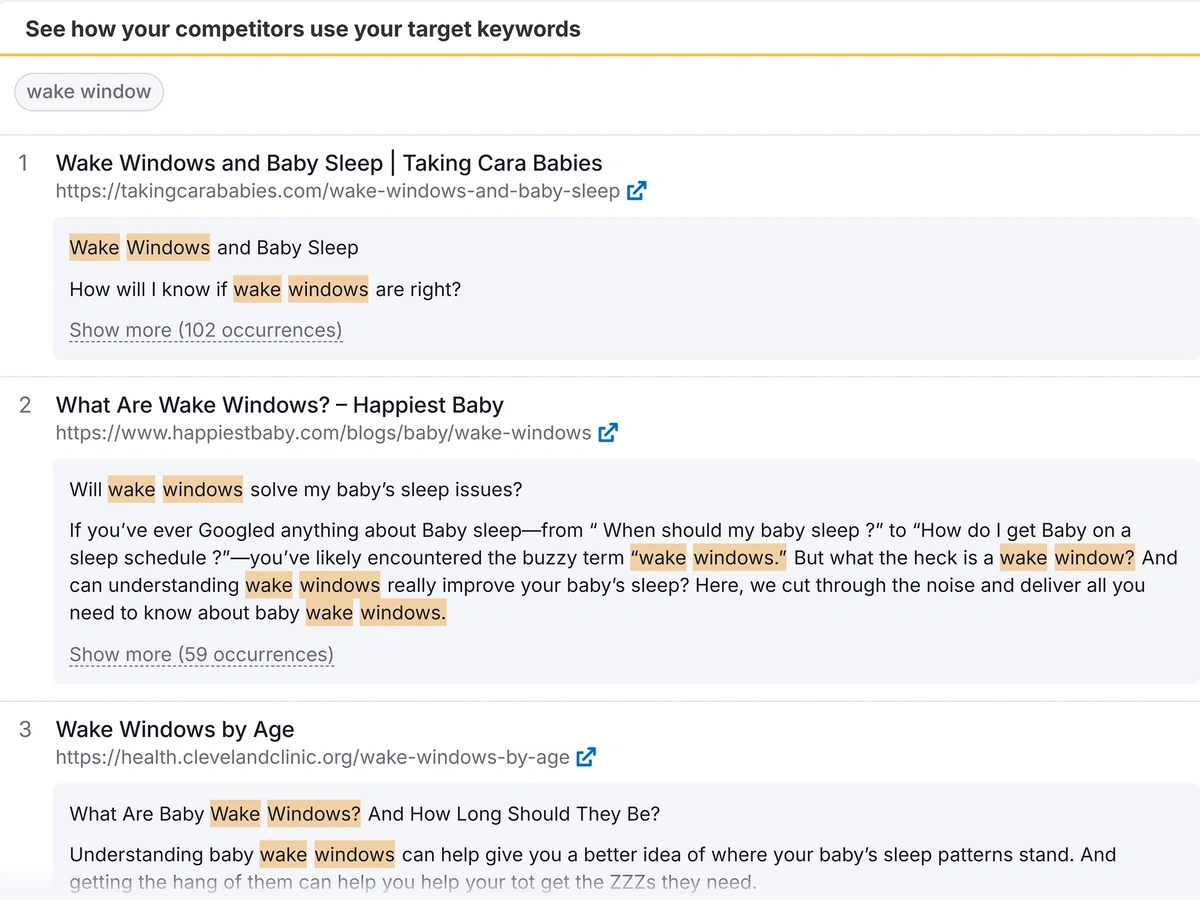 Keyword usage examples in Semrush