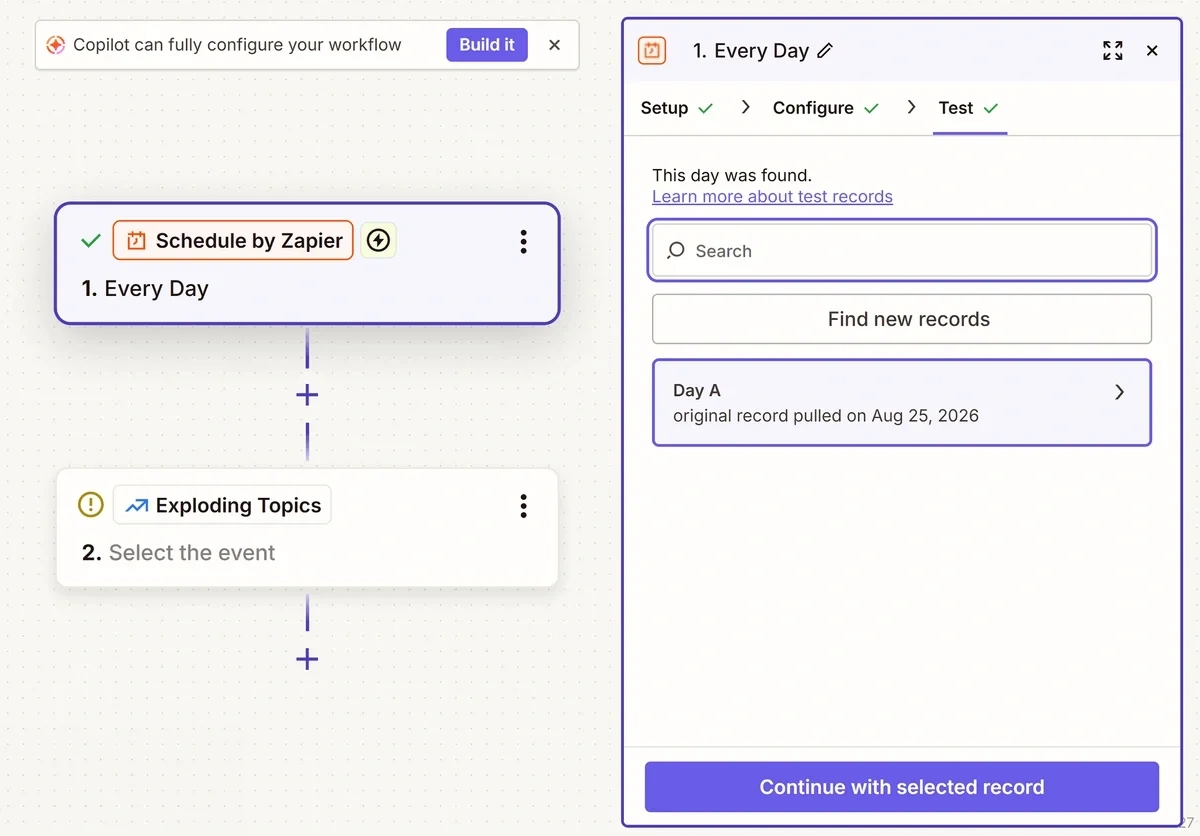 Zapier workflow schedule test results