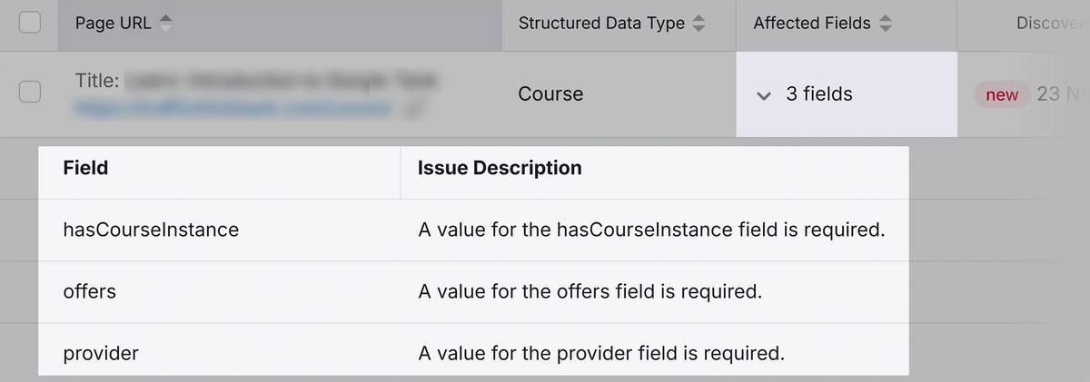 affected field highlighted with issue description for each