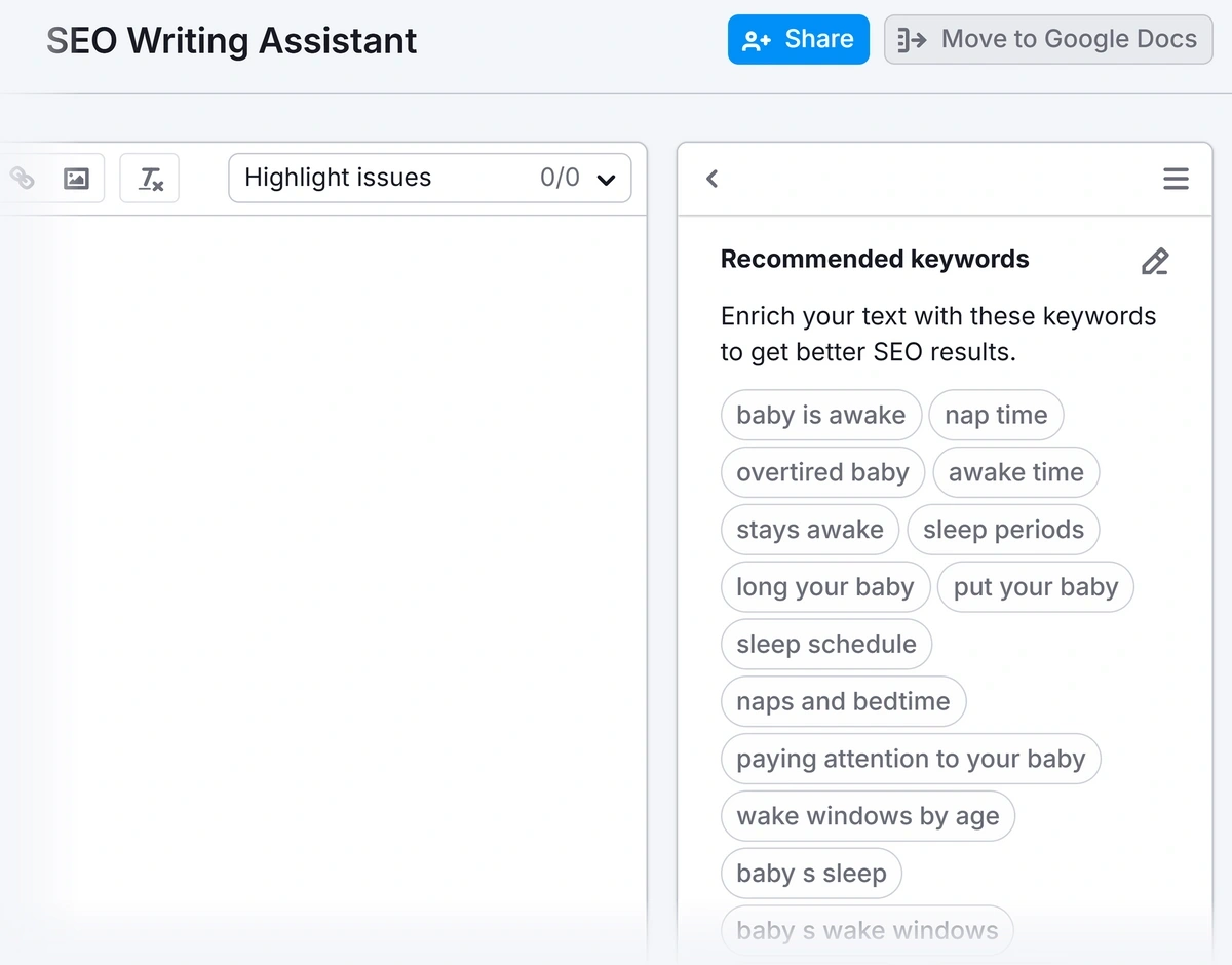 Writing content in SEO Writing Assistant