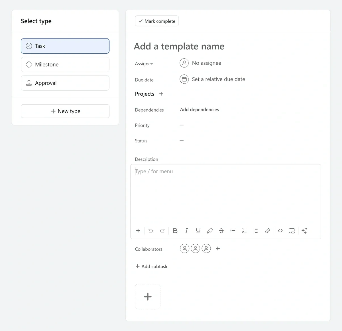 Asana task template editor