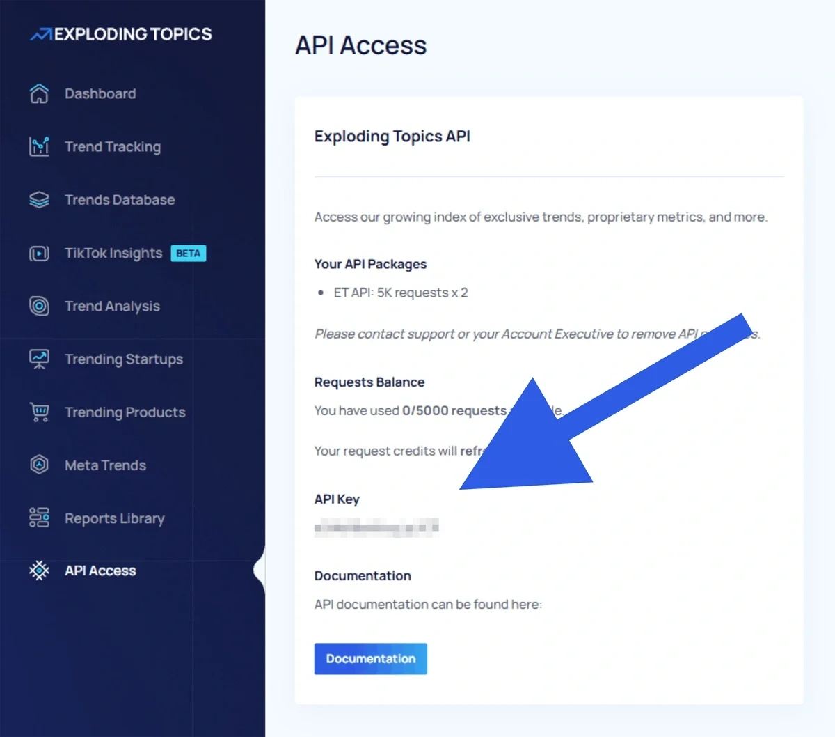 Exploding Topics API Access page