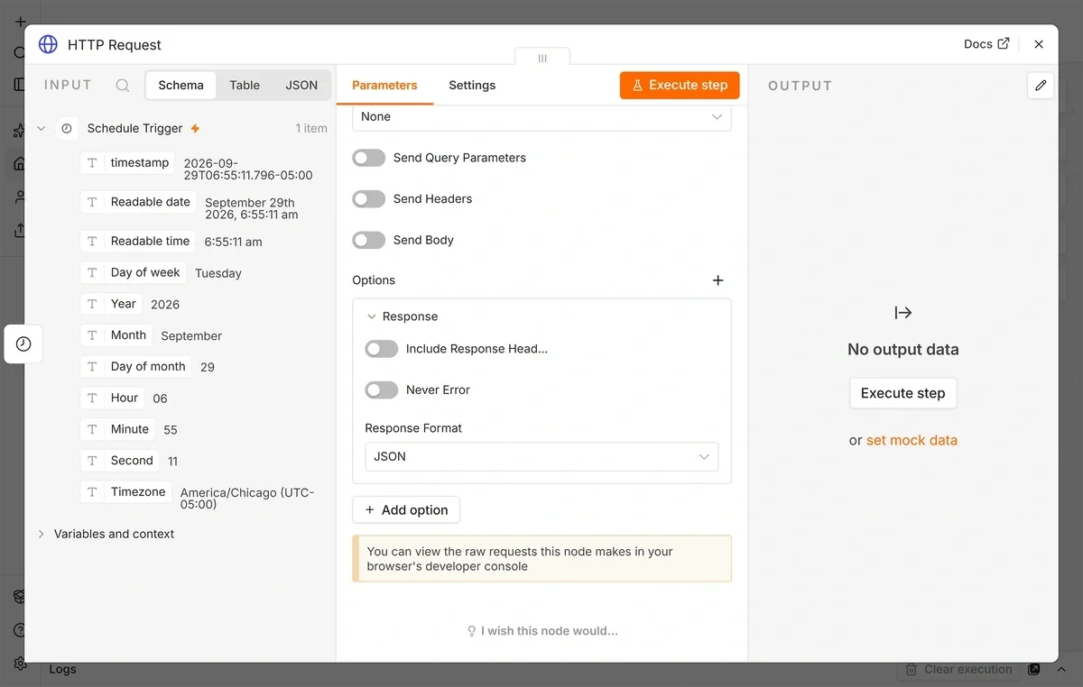 Setting the response format for an HTTP Request node in n8n