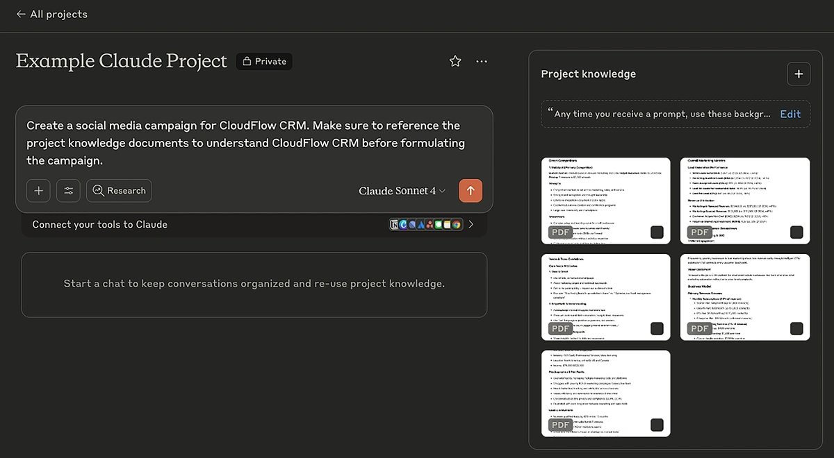 A Claude project prompt that says to access the project knowledge documents to inform the output
