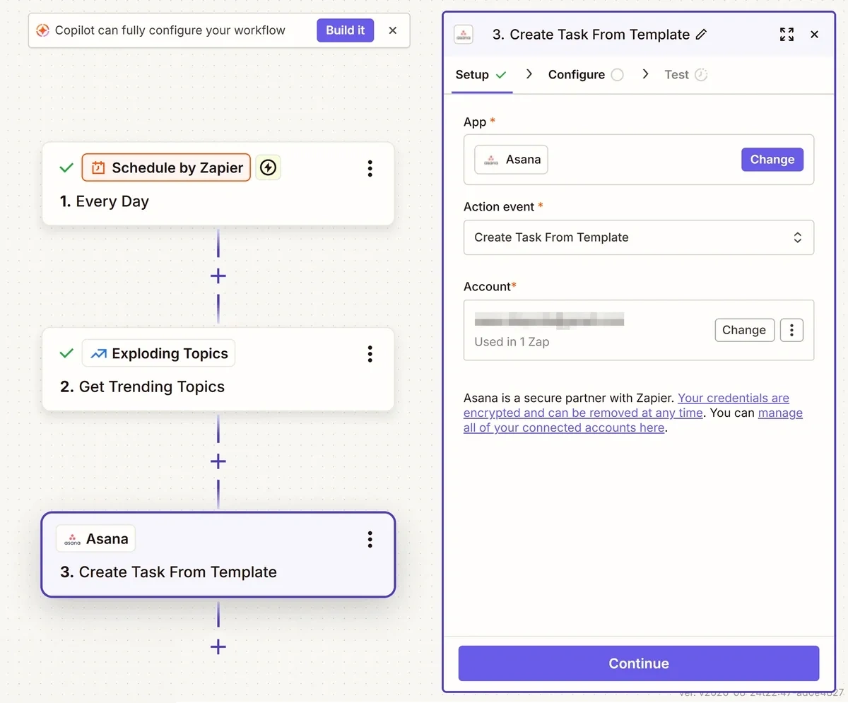 Connection settings for Asana in the Zapier workflow builder