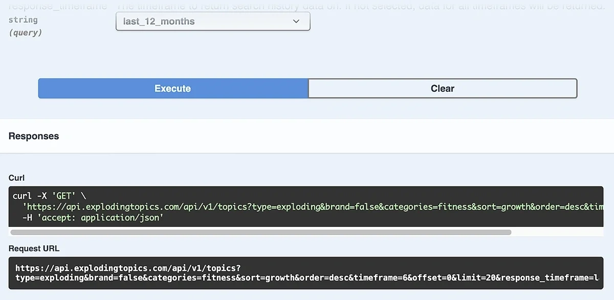 Request URL generated based on selected parameters