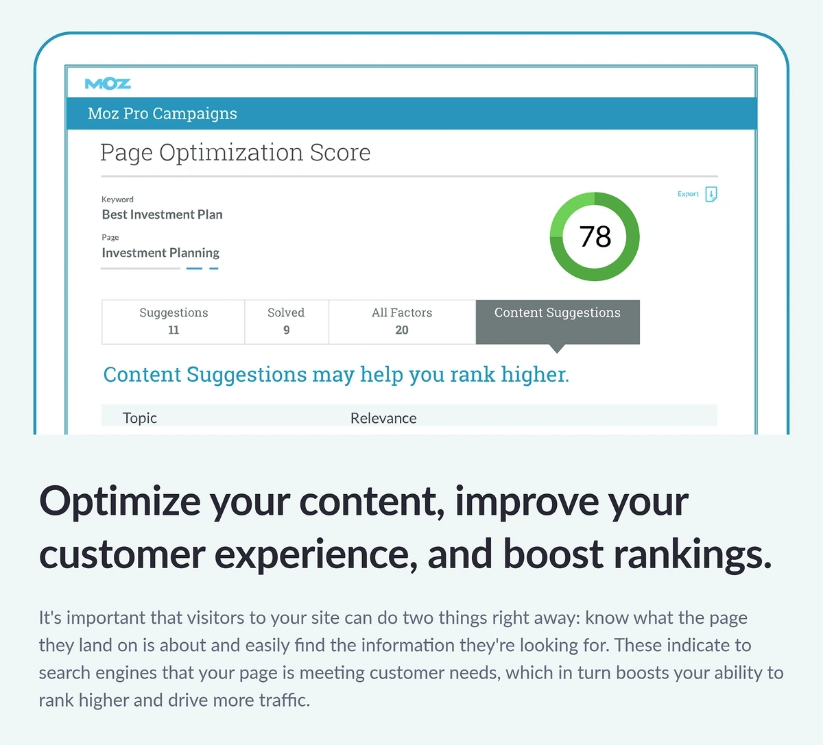 A Moz landing page displaying an on-page content grader report graphic