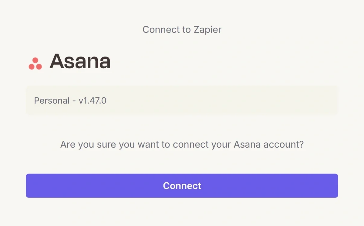 Asana Connect to Zapier popup window