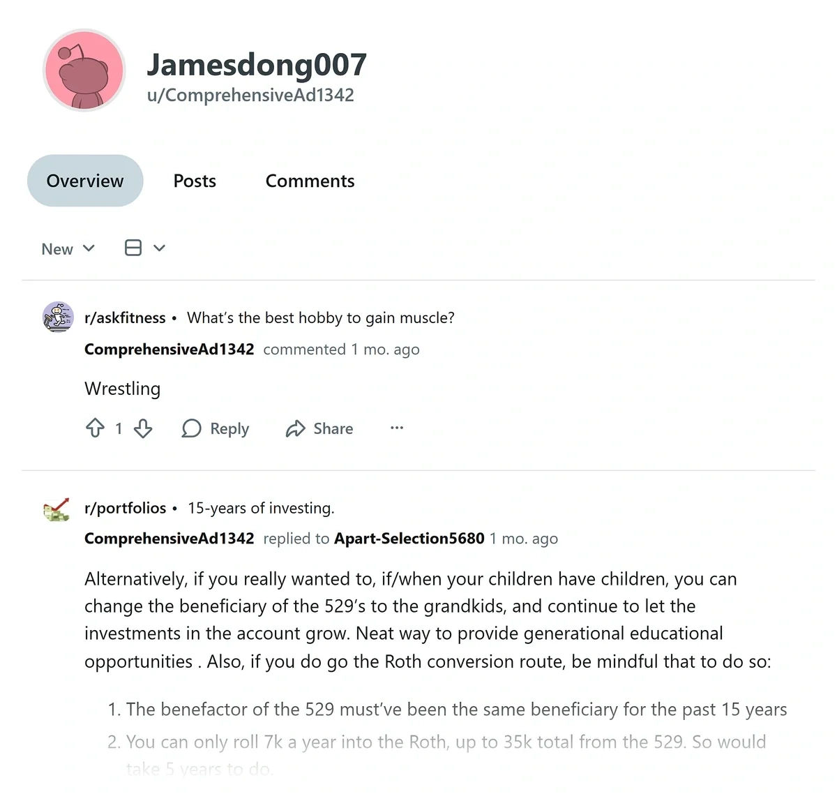 Reddit user profile page of an example user
