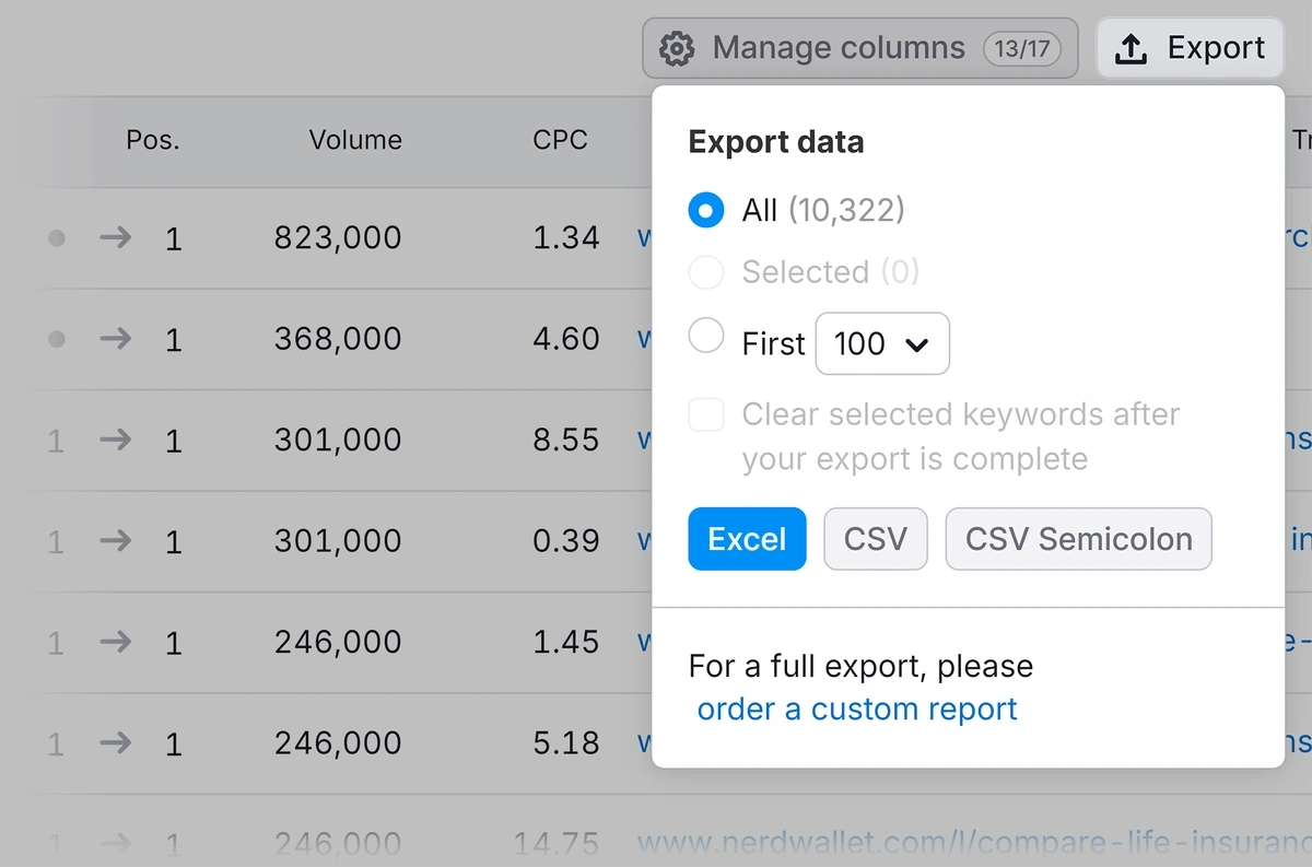 Export paid keywords options highlighted