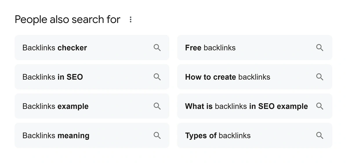 Google's 'People also search for' with the query 'backlinks'