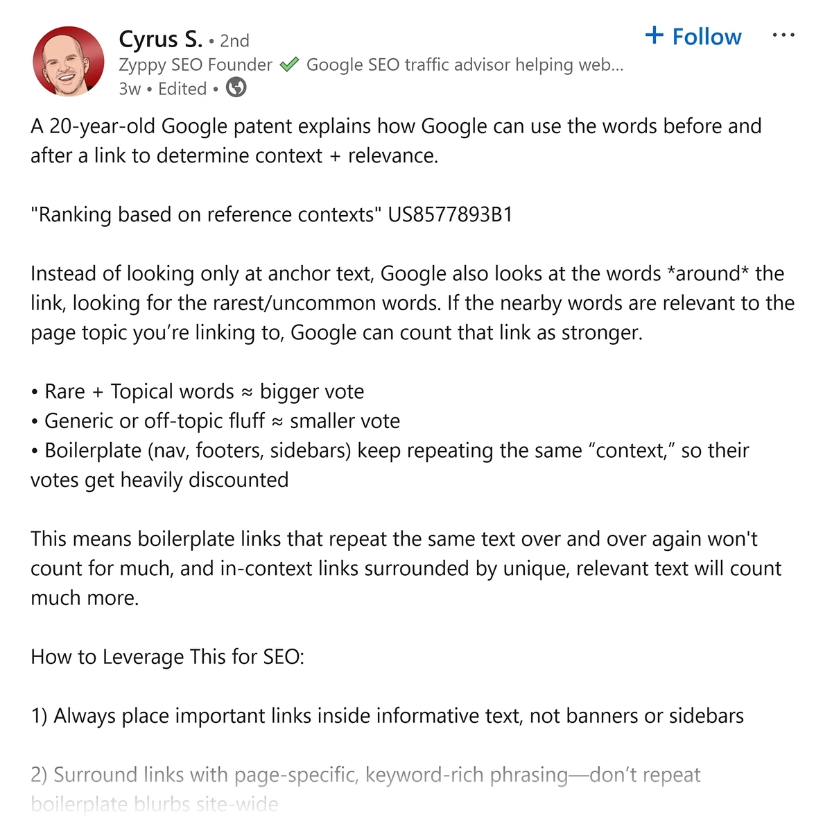 Cyrus S. explaining internal linking logic on a LinkedIn post