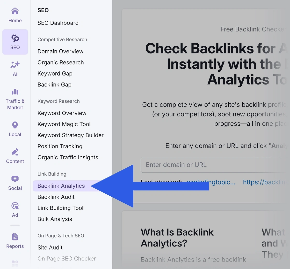 Semrush backlinks menu