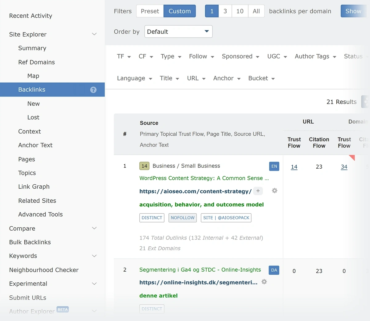 majestic seo backlinks menu item