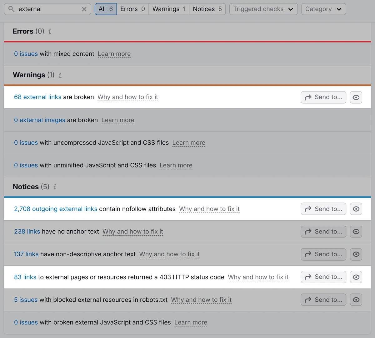 search for external issues in site audit tool including broken links and nofollow attributes