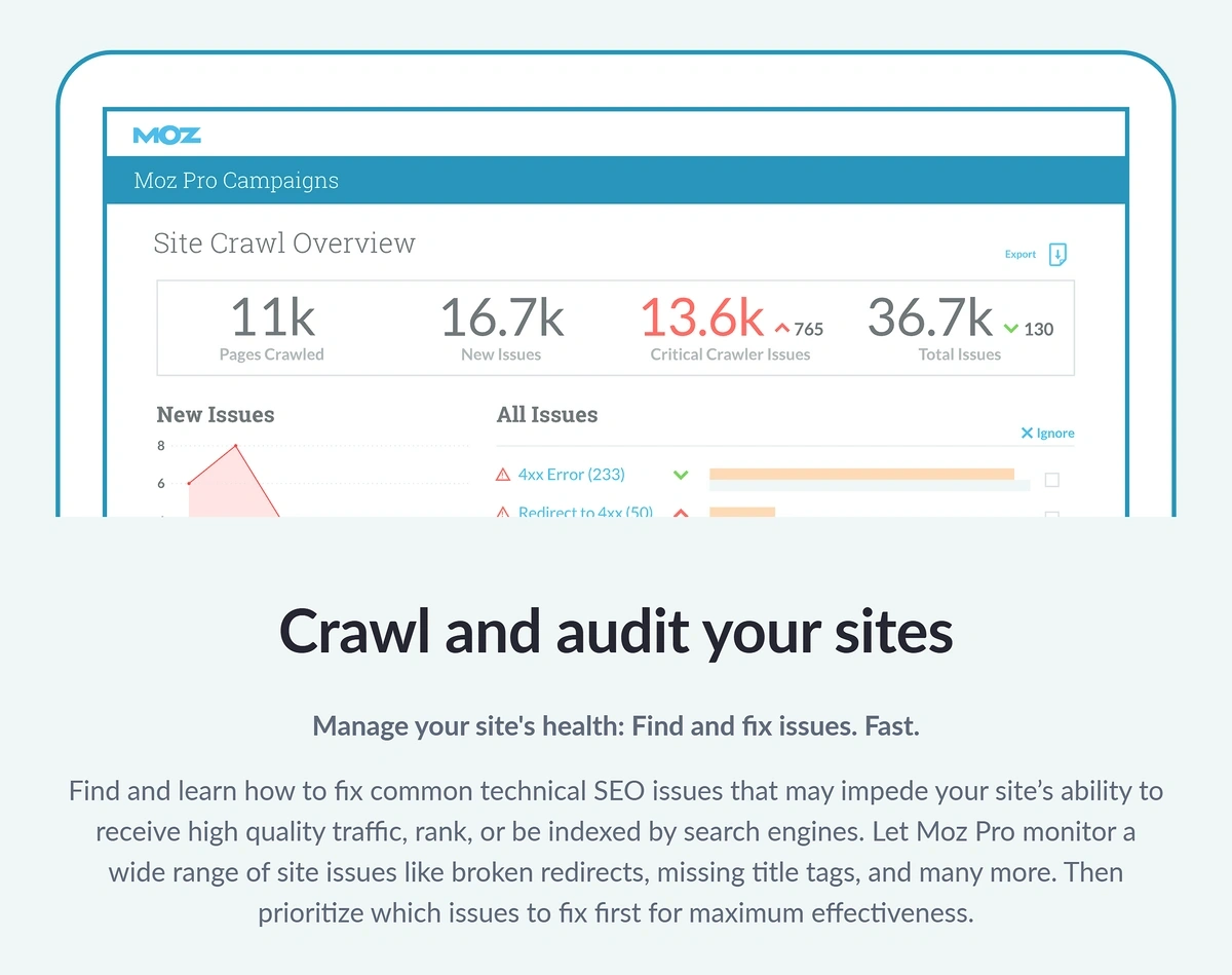 Moz landing page with a headline reading "crawl and audit your sites"