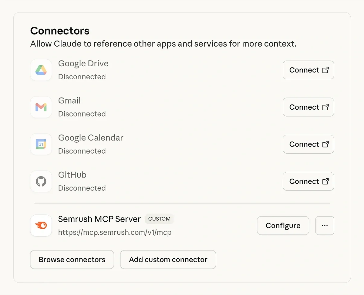 Connecting the Semrush MCP server to Claude