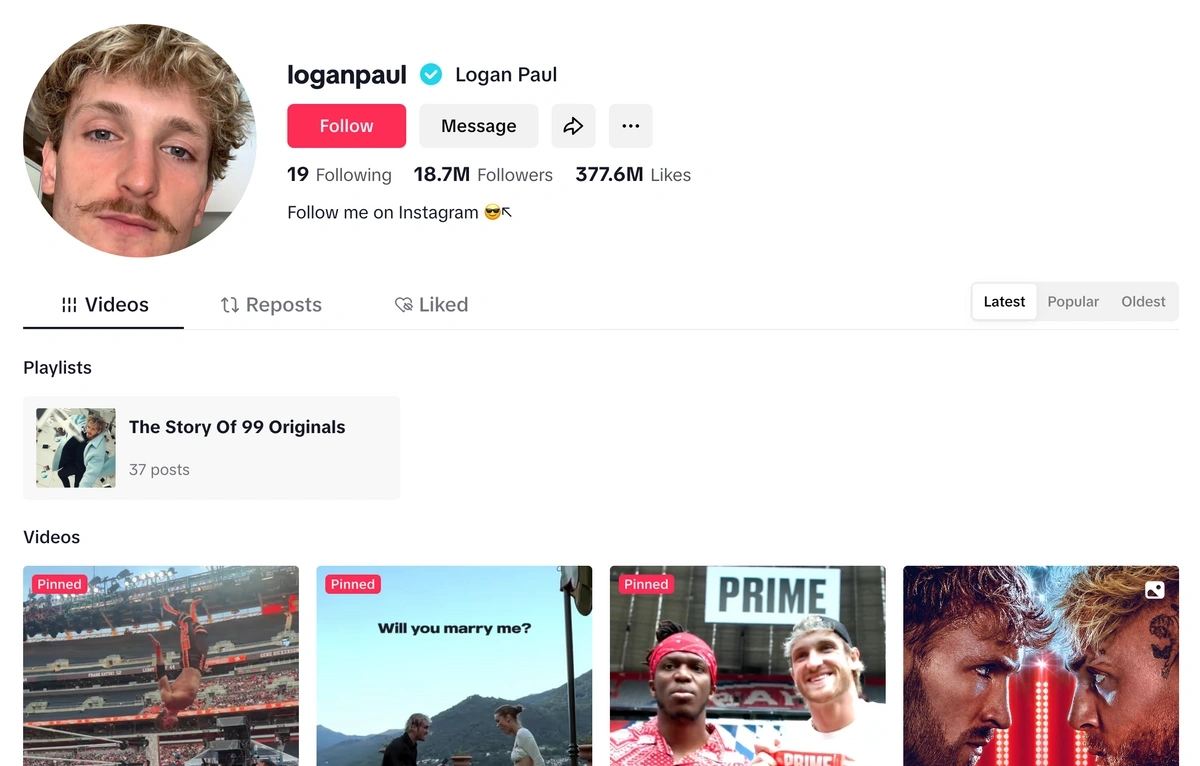 Screenshot of Logan Paul's TikTok page