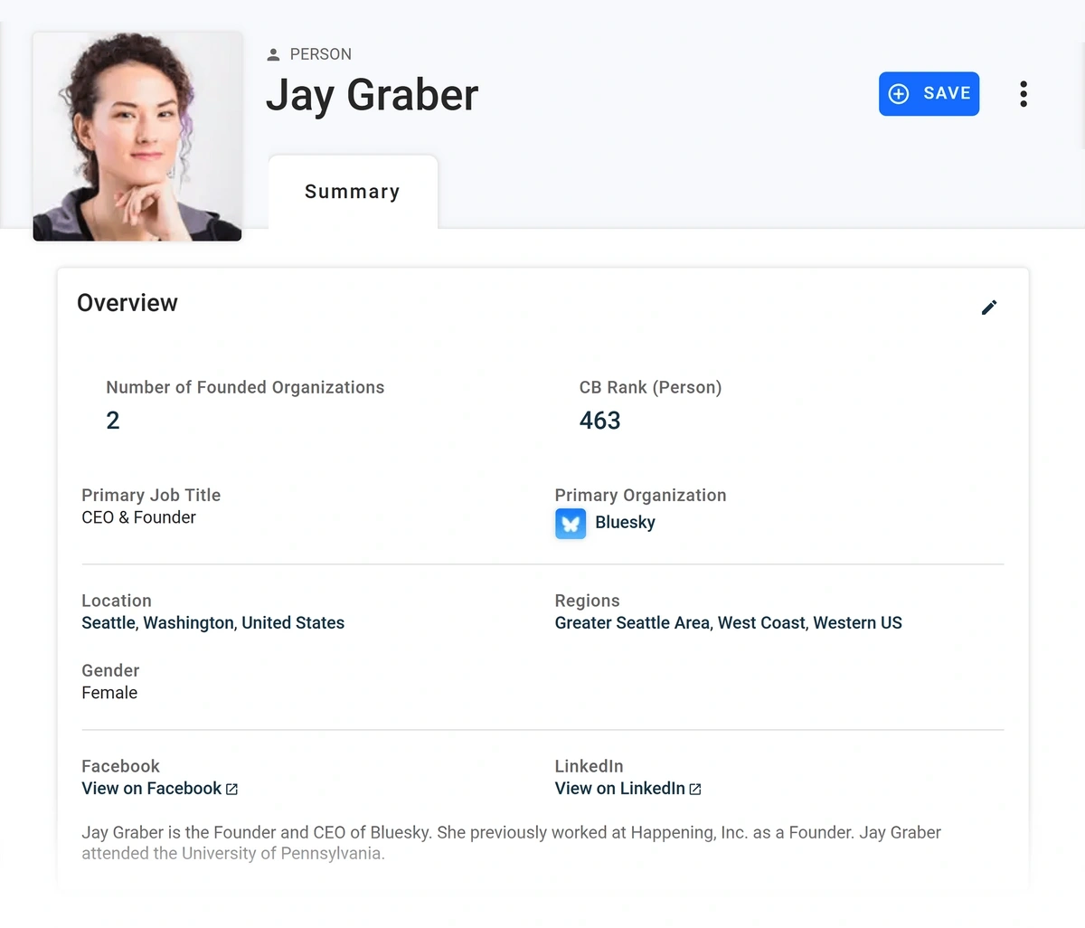 A Crunchbase profile page for Jay Garber, Bluesky CEO