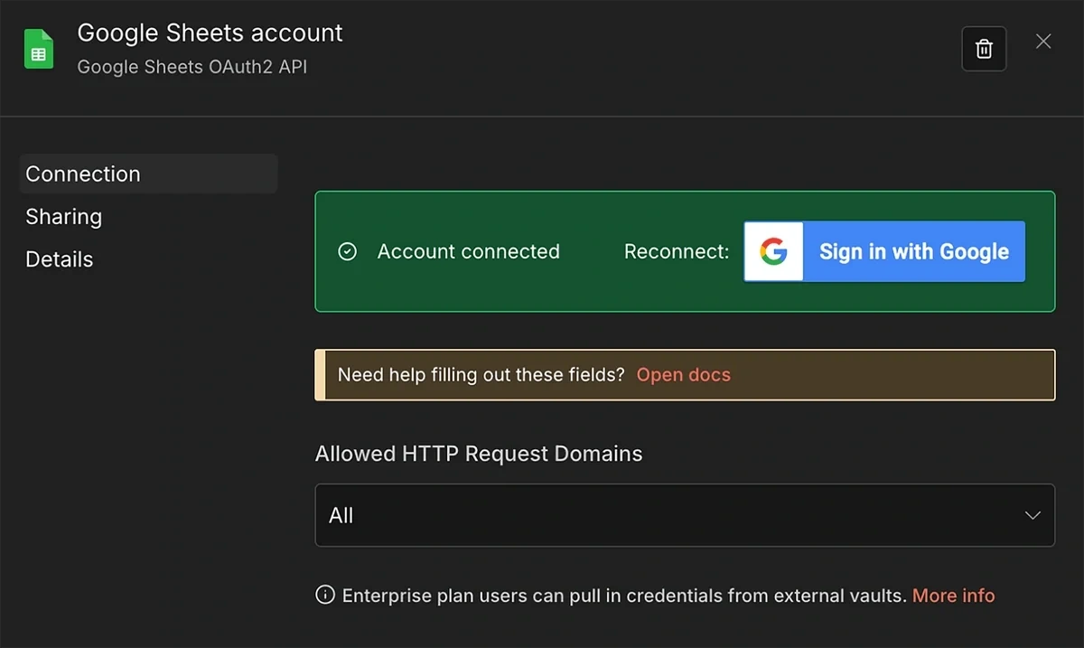 Account connected message appearing after successful Google connection