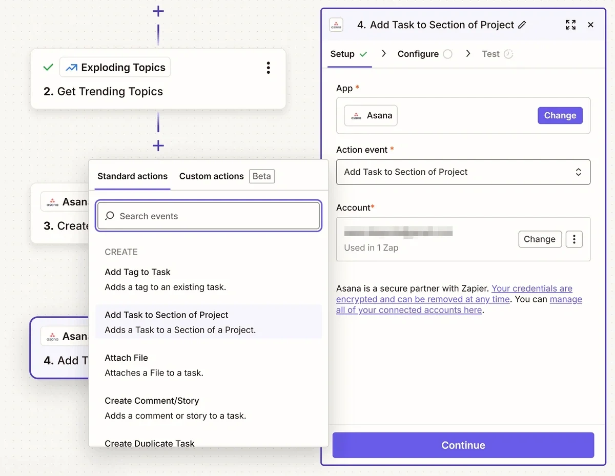 Moving auto-generated content ideas to a specific section of an Asana project with Zapier