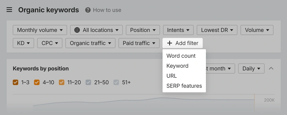ahrefs organic keywords add filter