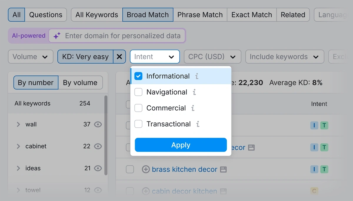 Keyword Magic Tool – Intent filter