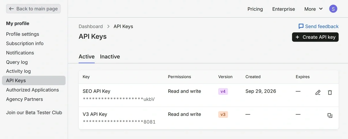 Semrush API keys page