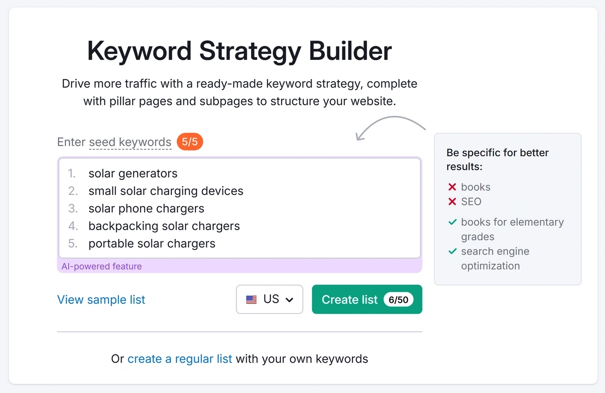 Semrush Keyword Strategy Builder example