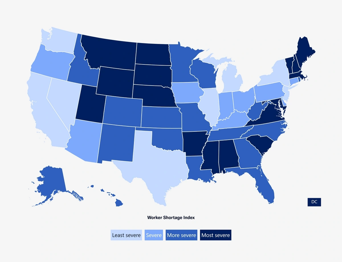 Map of the US showing labor shortages by state